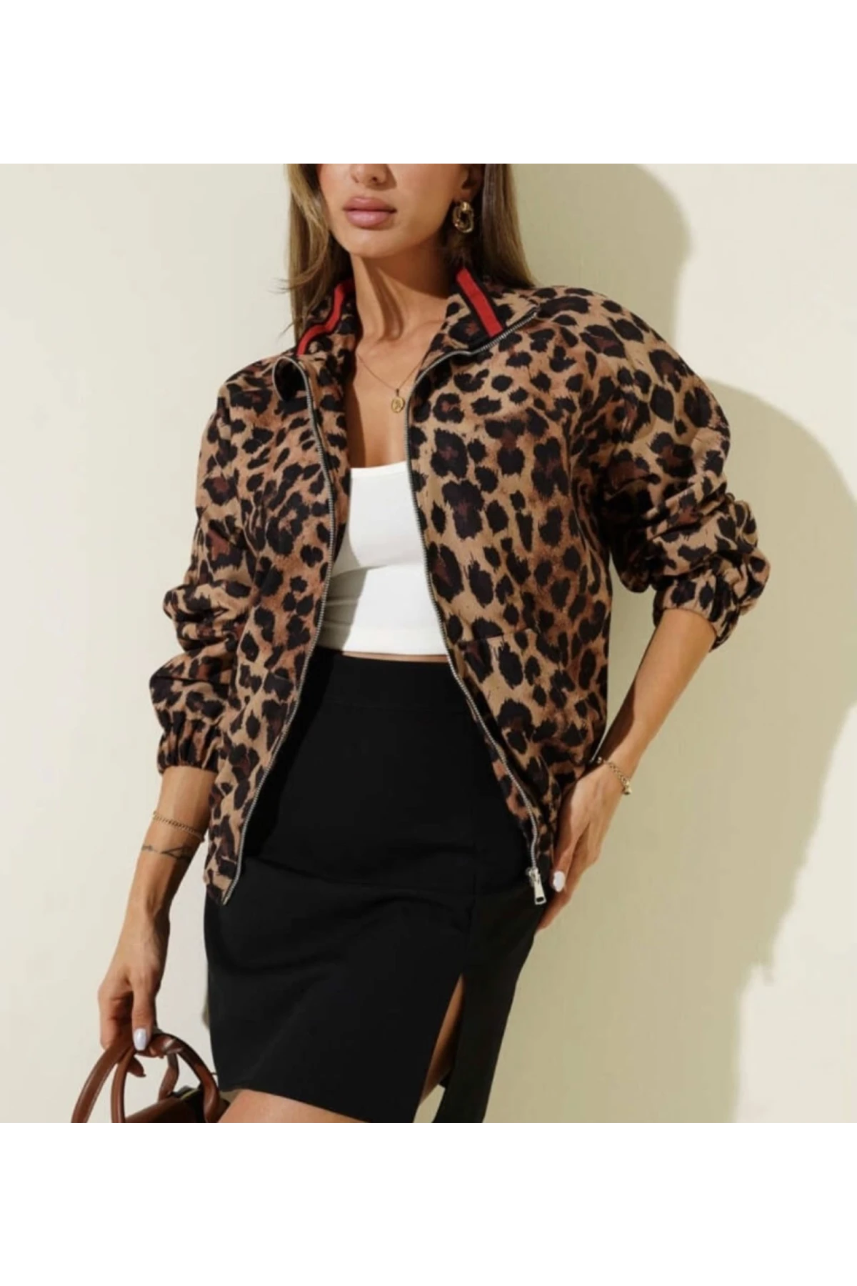 CKT011 Fermuarlı Büyük Leopar Desenli Ceket
