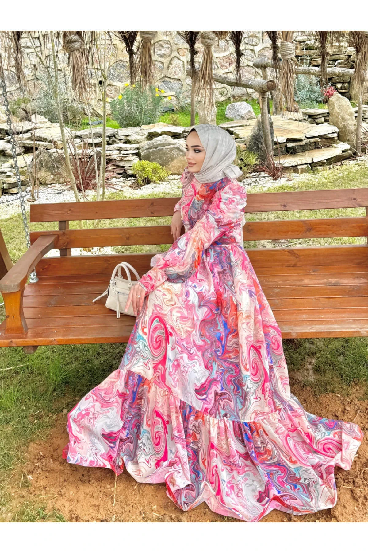 ELB005 Gökkuşağı Desenli Şifon Elbise