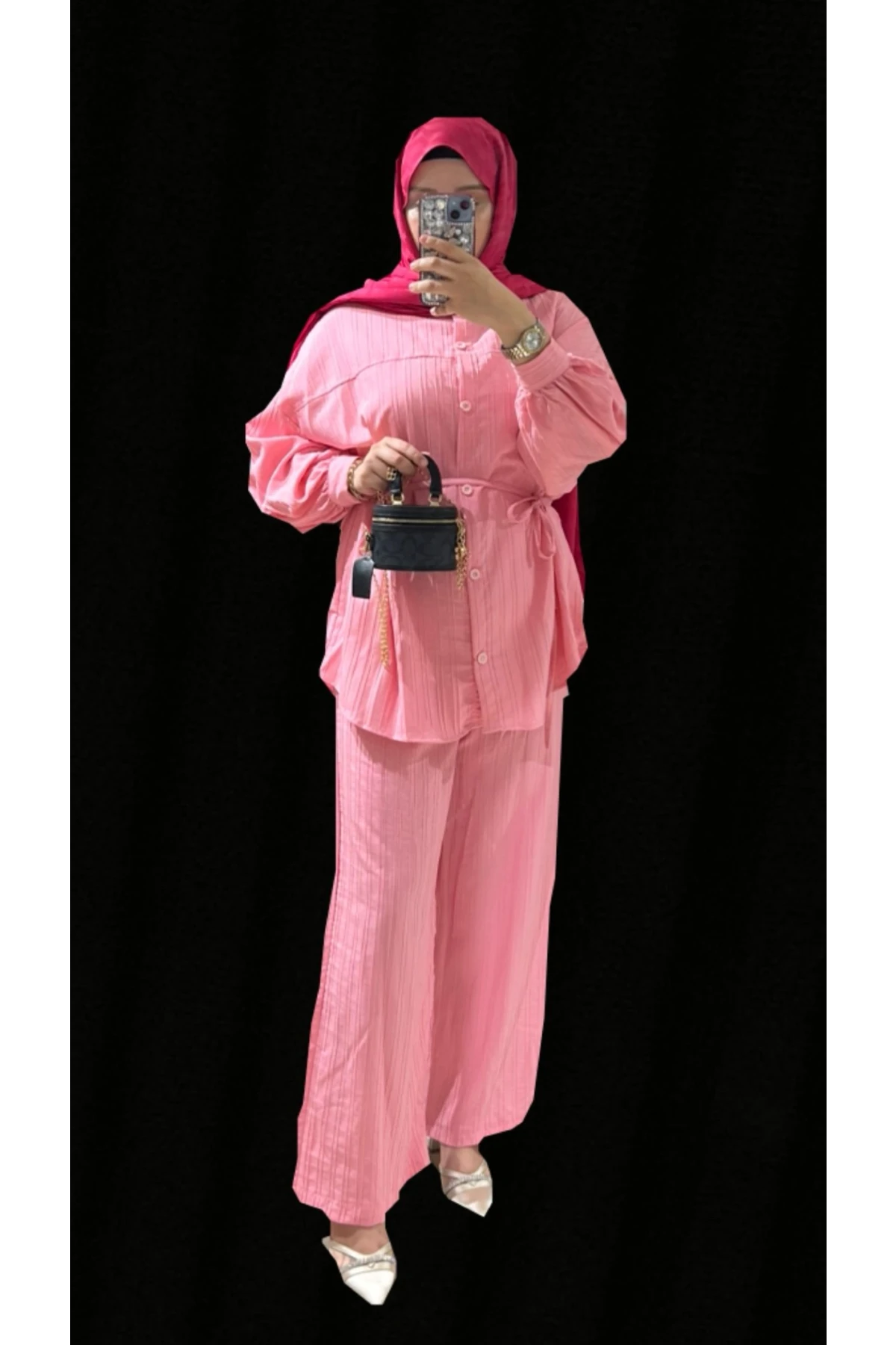 PTKM022 Gömlek Önü Pervazlı Biyeli Kendinden Çizgili Takım