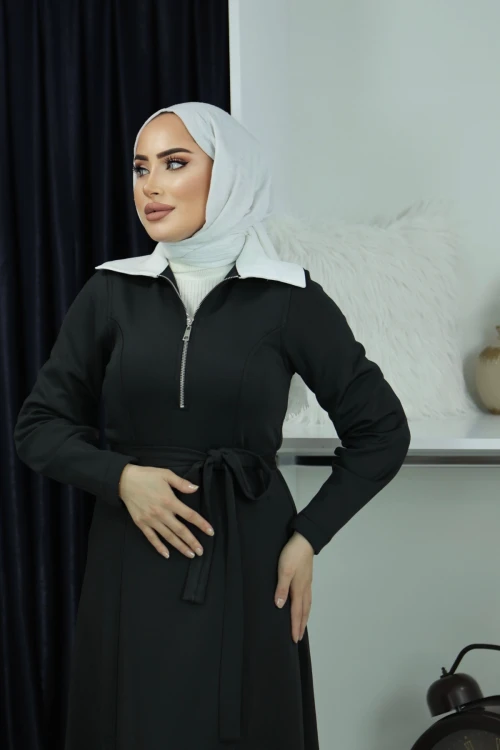 SELB001 Önden Fermuarlı Seyyar Kemerli Gömlek Yaka Scuba Elbise