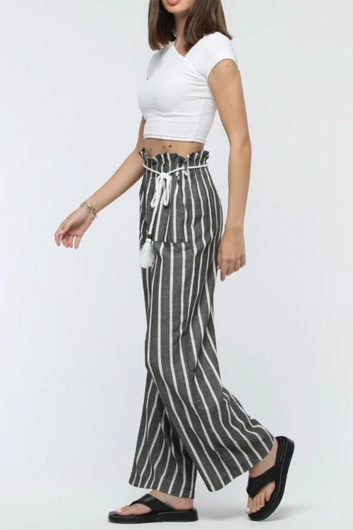 1020 ÇİZGİLİ İP KEMERLİ KETEN PANTOLON