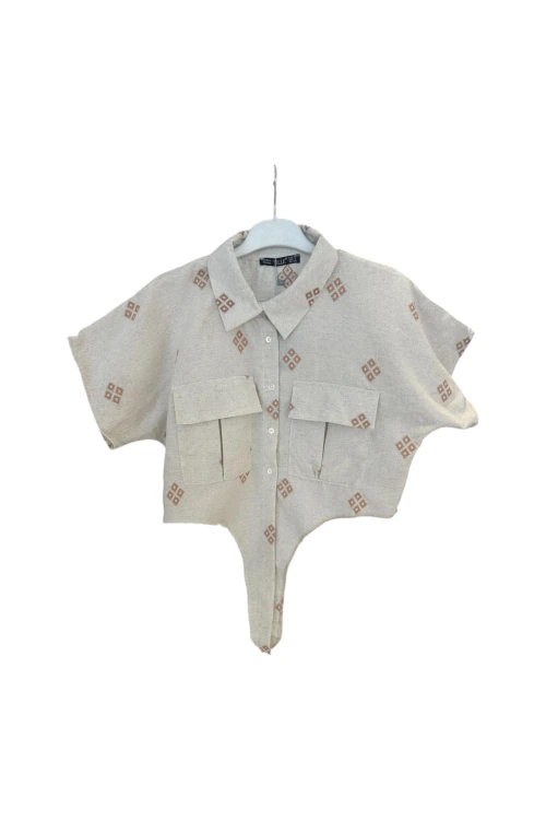 1040 ÖNÜ BAĞLAMALI KETEN CROP GÖMLEK