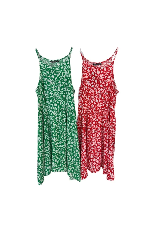 1062 ASKILI YANDAN FERMUARLI ÇİÇEK DESENLİ ELBİSE