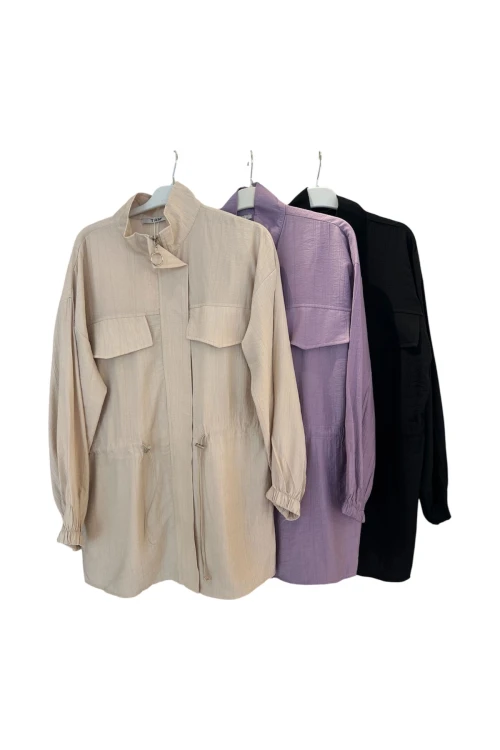 1602 SÜS YAKA CEPLİ BELİ AYARLANABİLİR LASTİKLİ FERMUARLI TUNİK/HIRKA