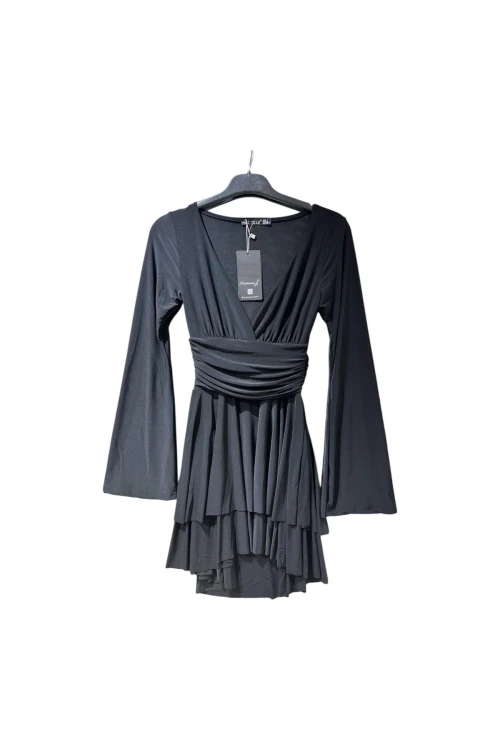 3887 BEL DETAYLI FIRFIRLI UZUN KOL ELBİSE