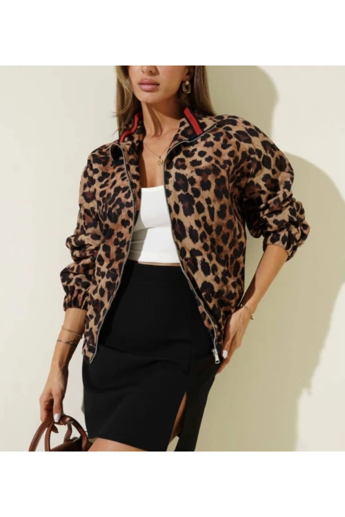 CKT011 Fermuarlı Büyük Leopar Desenli Ceket