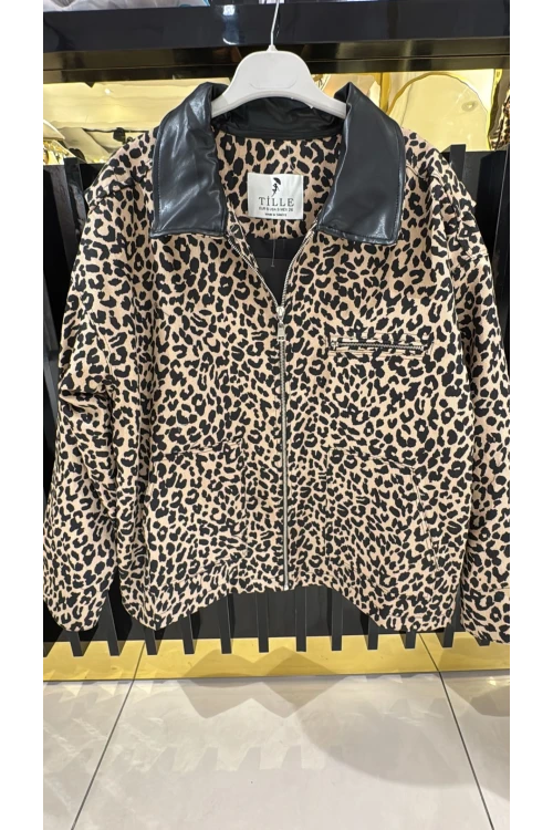 CKT012 Küçük Leopar Desenli Fermuarlı Ceket