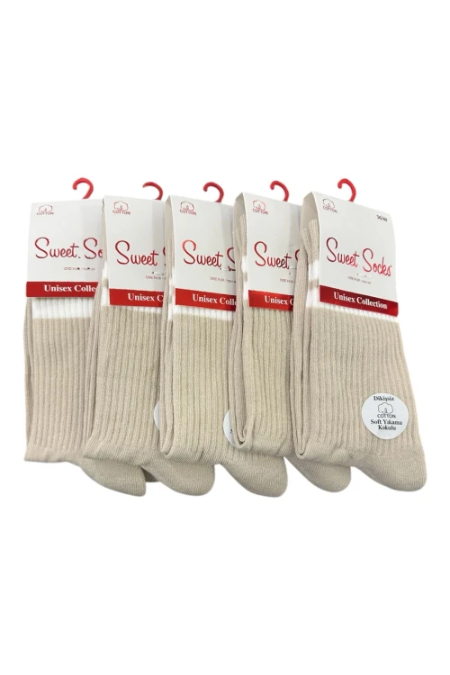 ÇRP019 DİKİŞSİZ BEYAZ ŞERİTLİ 5Lİ ÇORAP