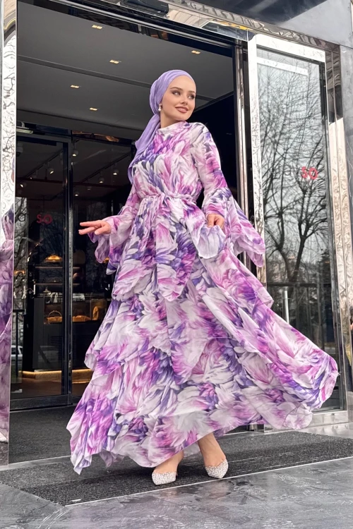 ELB017 ASİMETRİK KESİM ŞİFON ELBİSE