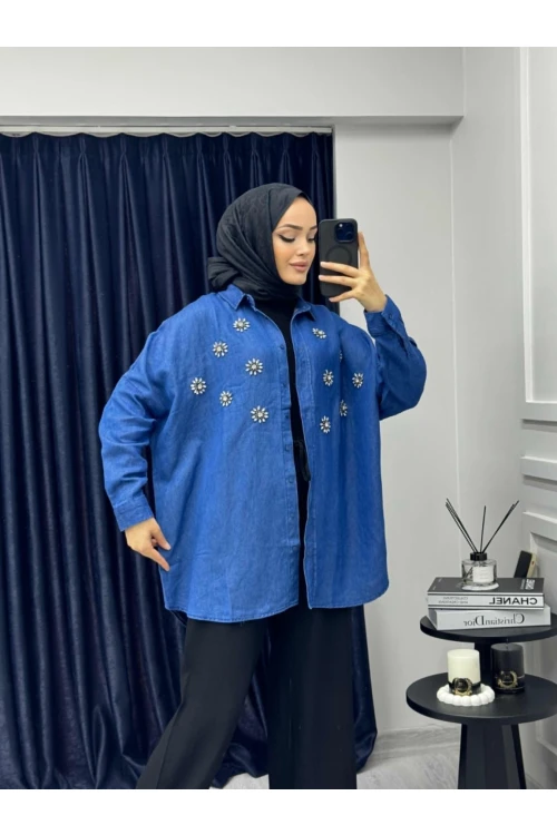 G0013  İŞLEMELİ İNCE KOT OVERSİZE DÜĞMELİ GÖMLEK
