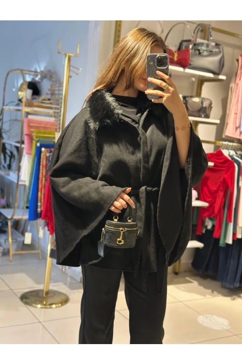 PNÇO0001 Seyyar Bağlamalı Kürk Detaylı Panço