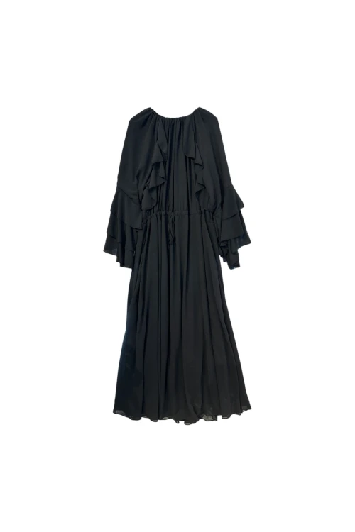 QY-1-1 BELİ BAĞLAMALI KOL FIRFIRLI YAKA DETAYLI FARABALI ELBİSE