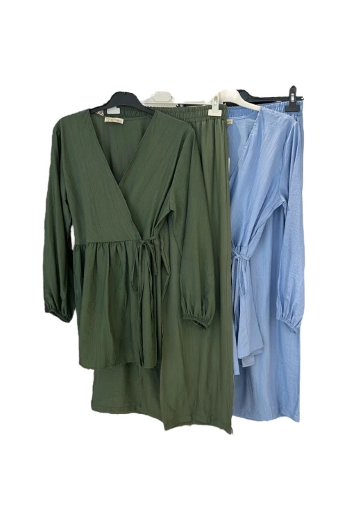 Z-521 PİLE VE KİMONO DETAYLI PANTOLONLU ÇİLEK İKİLİ TAKIM